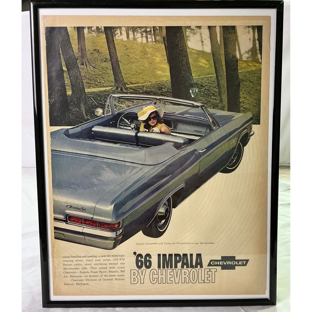 1966 Chevrolet Impala Convertible Framed Advertisement Wall Art Vintage Print